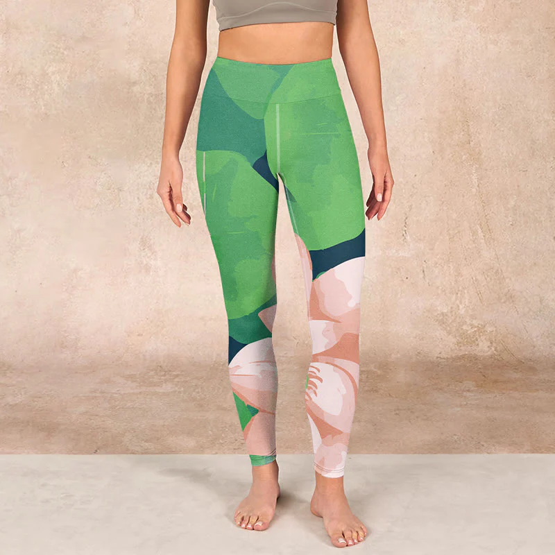 Buddha Stones Green Lotus Flower Leaf Print Sports Fitness Leggings Women's Yoga Pants