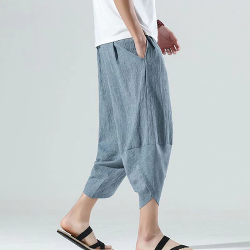 Buddha Stones Plain Simple Design Drawstring 7-8 Length Linen Men's Harem Pants With Pockets