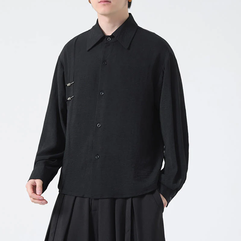 Buddha Stones Plain Buttons Stand Collar Long Sleeve Men's Cotton Shirt