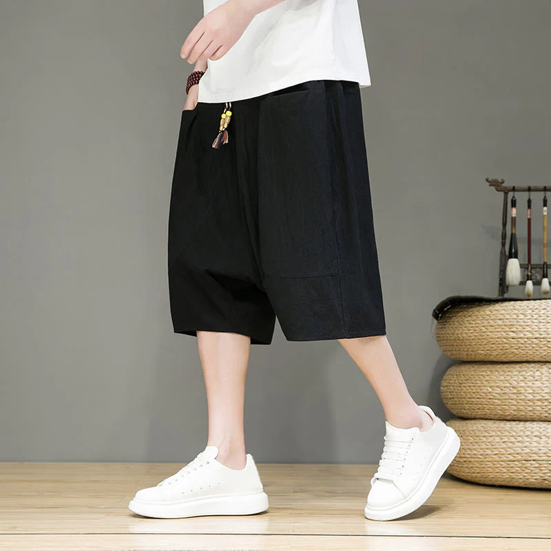 Buddha Stones Casual Drawstring Cotton Linen Men's Capri Harem Pants With Pockets