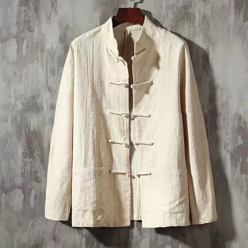 Buddha Stones Men's Tang Long Sleeve Shirt Frog Button With Pocket Stand Collar Comfort Linen Shirt