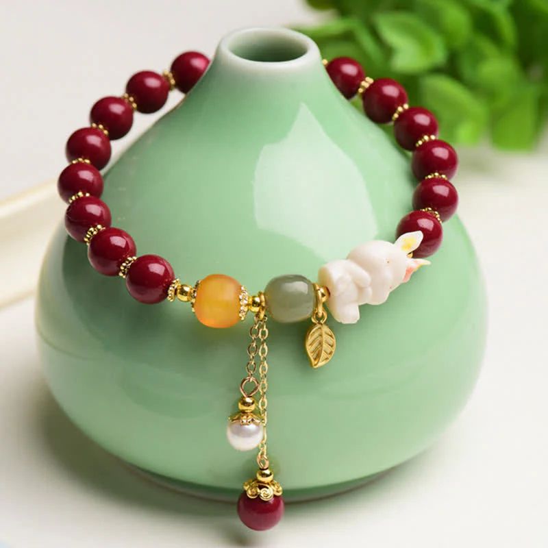 Buddha Stones Year of the Rabbit Cinnabar Hetian Jade Bunny Beaded Blessing Bracelet