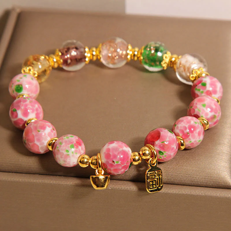 Buddha Stones Fu Character Pink Liuli Luck Bracelet