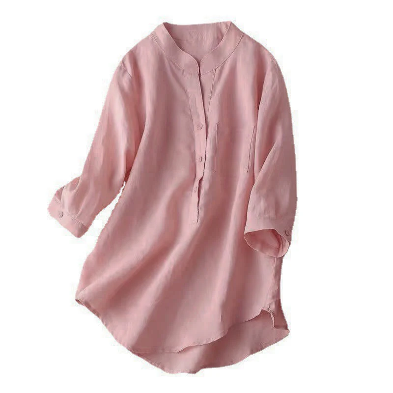 Buddha Stones Casual Women's V-neck Three Quarter Sleeve Design Plain Cotton Linen Shirt