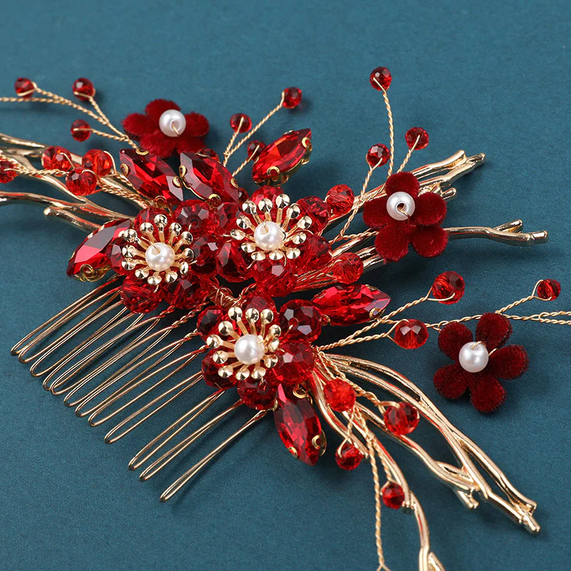 Buddha Stones Chinese Wedding Golden Red Flower Branche Hair Comb