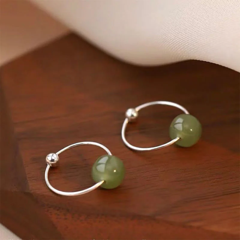 Buddha Stones 925 Sterling Silver Hetian Jade Bead Luck Earrings