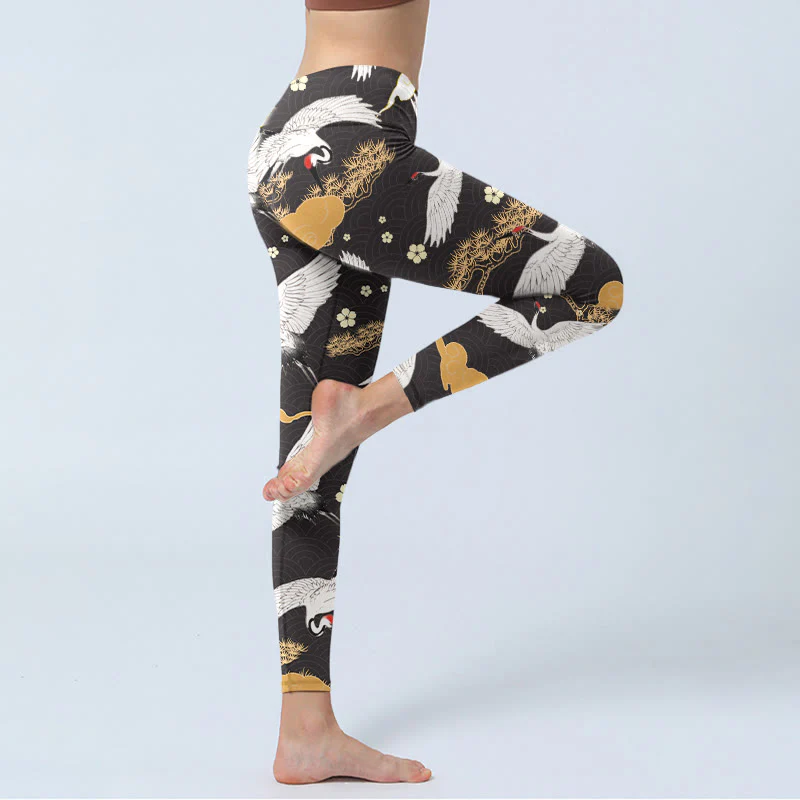 Buddha Stones White Red-crowned Cranes Golden Pine Trees Print Gym Leggings Women's Yoga Pants