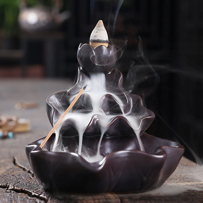 Buddha Stones Lotus Leaf Koi Fish Ceramic Backflow Smoke Fountain Peace Incense Burner Decoration