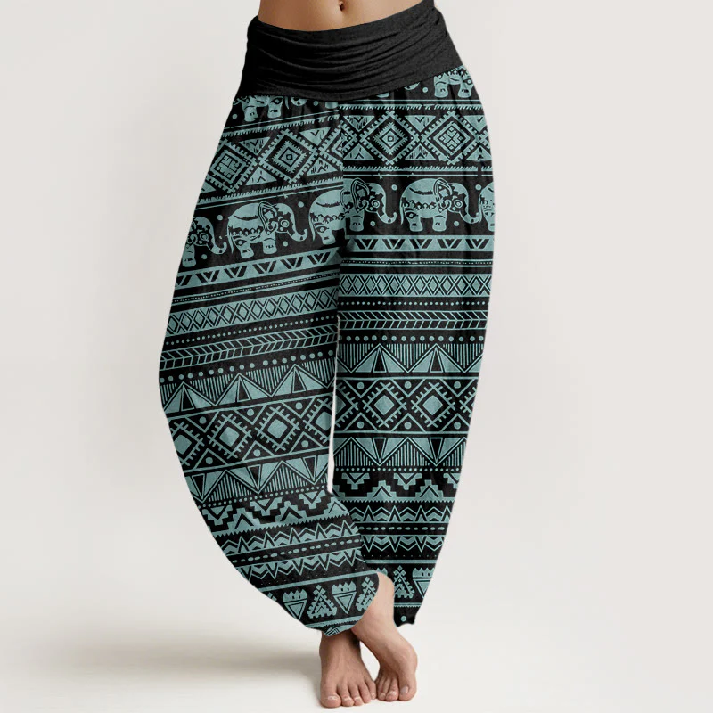 Buddha Stones Pure Cotton Casual Elephant Geometric Figure Women's Elastic Waist Harem Pants