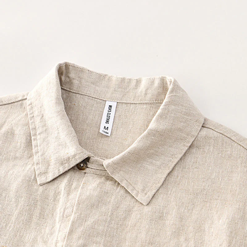 Buddha Stones Vintage Solid Color Buttons Men's Short Sleeve Linen Shirt With Pockets