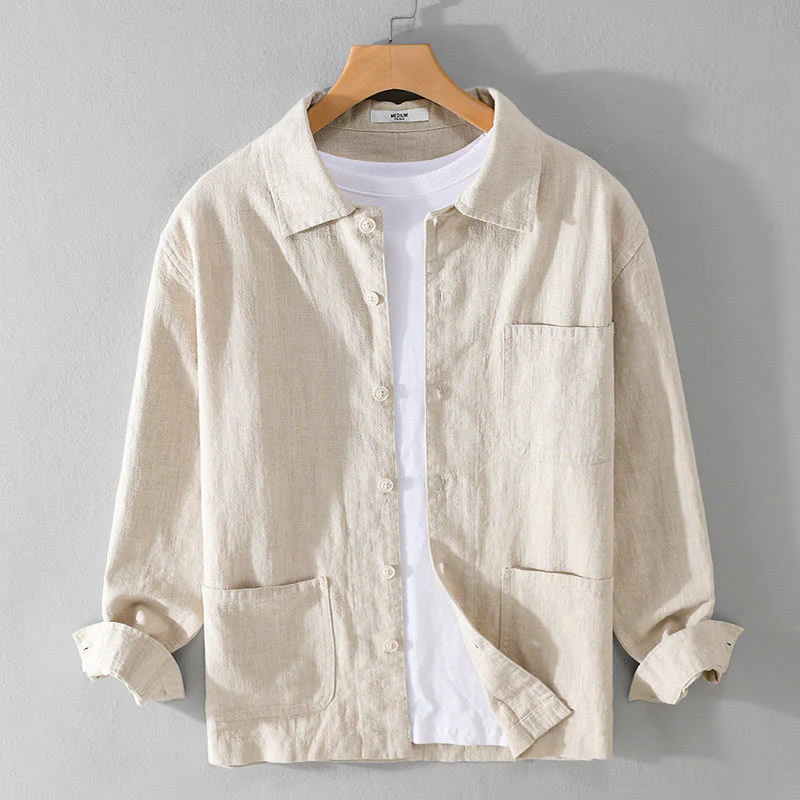 Buddha Stones ommute Fall Solid Color Lapel Men's Long Sleeve Cotton Linen Shirt With Pocket
