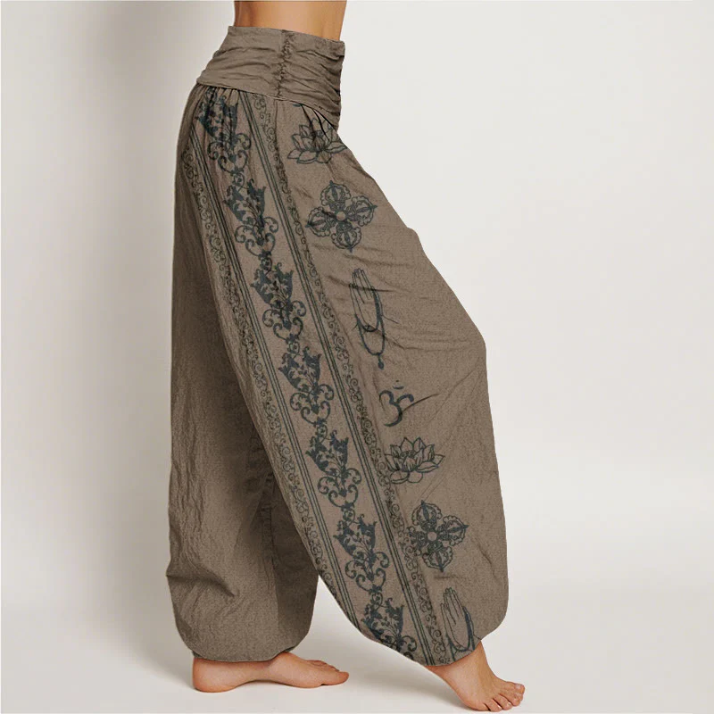 Buddha Stones Lotus Flowers Double Dorje Vajra Namaste Om Design Women's Elastic Waist Harem Pants