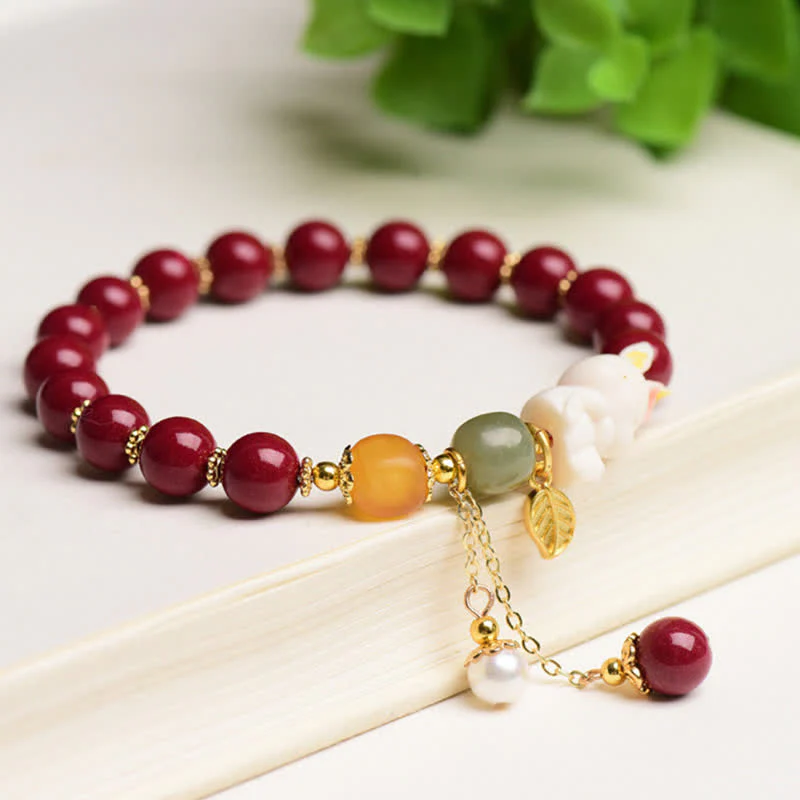Buddha Stones Year of the Rabbit Cinnabar Hetian Jade Bunny Beaded Blessing Bracelet
