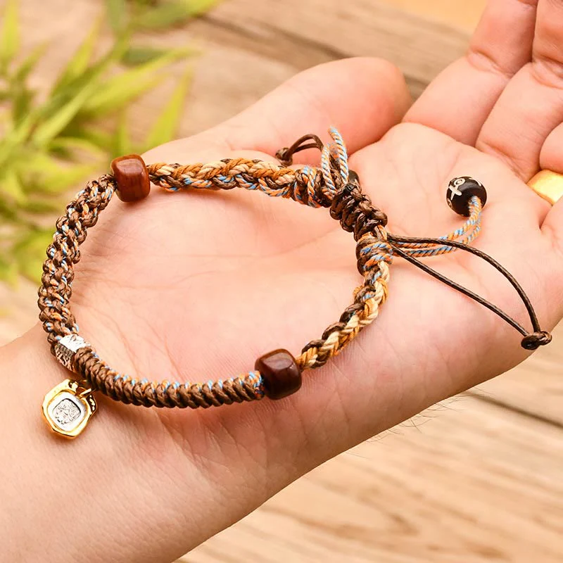 Buddha Stones Handmade Tibetan Zakiram Goddess Of Wealth Wood Protection Braided Bracelet