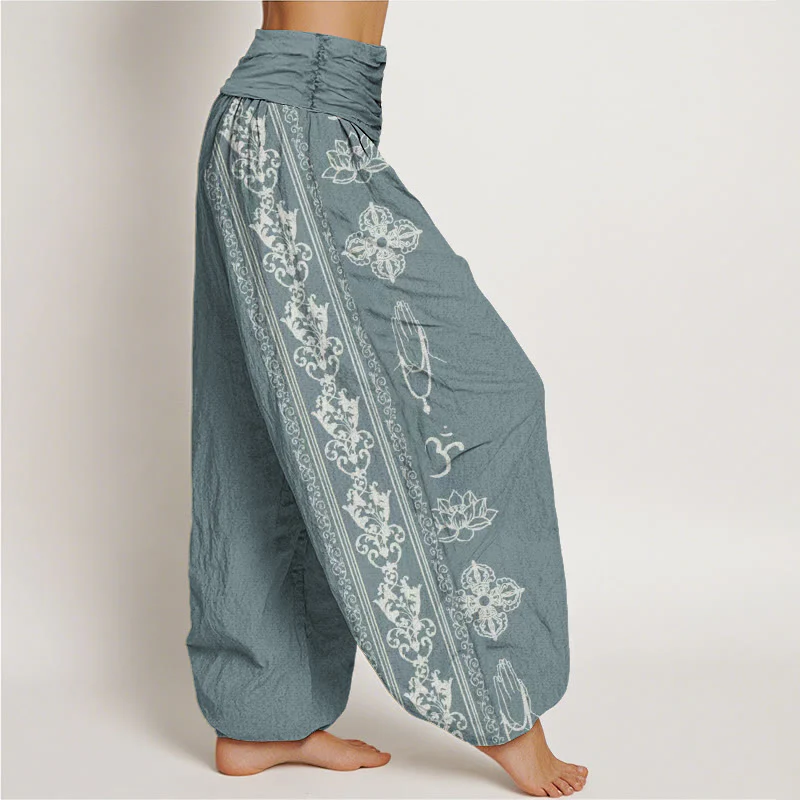 Buddha Stones Lotus Flowers Double Dorje Vajra Namaste Om Design Women's Elastic Waist Harem Pants