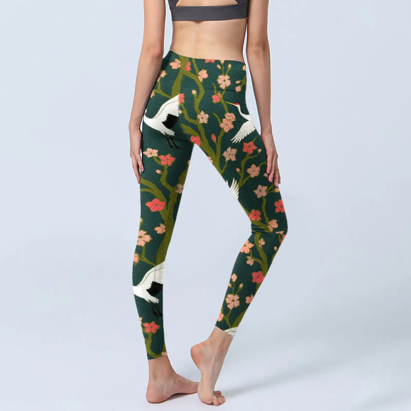 Buddha Stones White Red-crowned Cranes Red Orange Flower Trees Print Gym Leggings Women's Yoga Pants