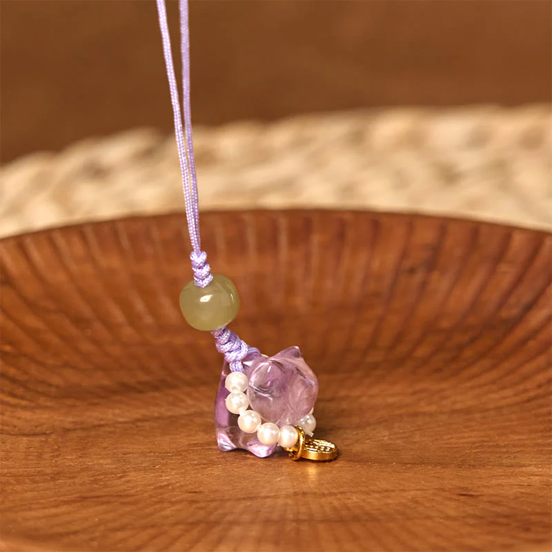 Buddha Stones Pink Crystal Amethyst Citrine Pearl Fu Character Lucky Kitten Warmth Phone Hanging Decoration