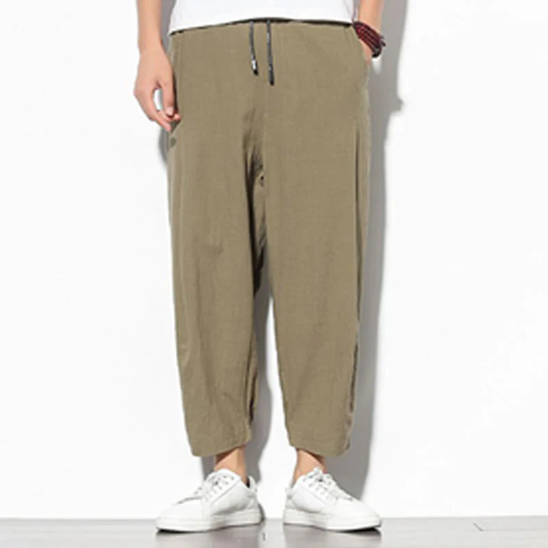 Buddha Stones Summer Men's 7-8 Length Cotton Linen Carrot Pants With Pockets