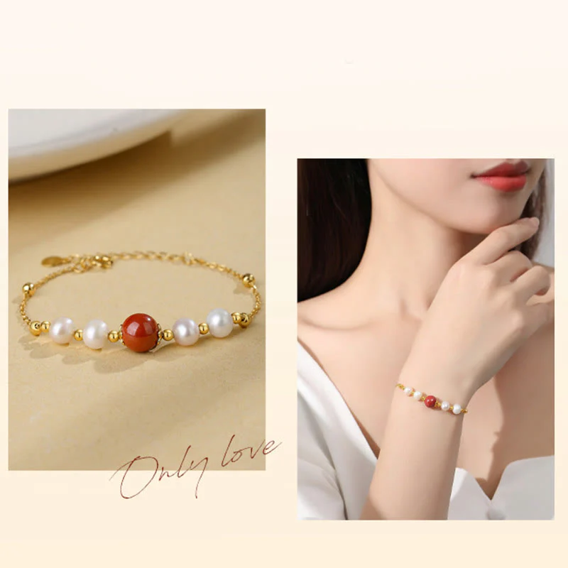 Buddha Stones 925 Sterling Silver Pearl Cinnabar Healing Bead Chain Bracelet