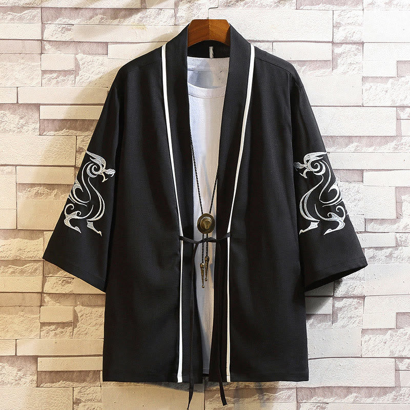 Buddha Stones Embroidery Dragon Phoenix Auspicious Cloud Waves Leaves Cranes Open Front Jacket Men's Kimono