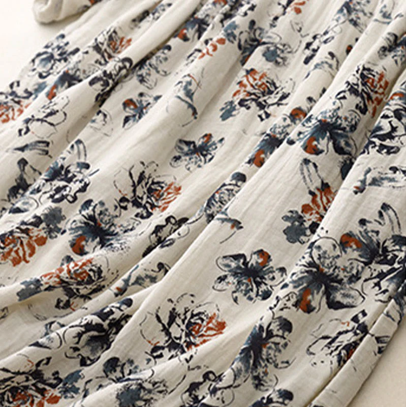 Buddha Stones Casual Small Floral Pattern Crew Neck Cotton Linen Midi Dress With Pockets