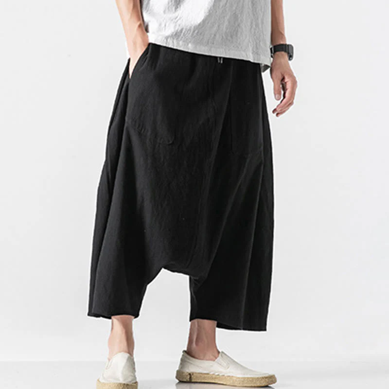 Buddha Stones Casual Low Crotch Design Drawstring Men's 7-8 Length Cotton Linen Wide Leg Pants With Pockets