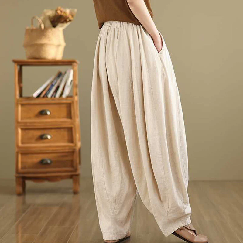 Buddha Stones Spring Casual Simple Design Women's Cotton Linen Harem Pants With Pockets