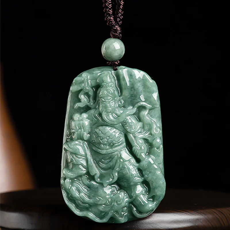 Buddha Stones Natural Jade Guan Gong Amulet Wealth Necklace Pendant