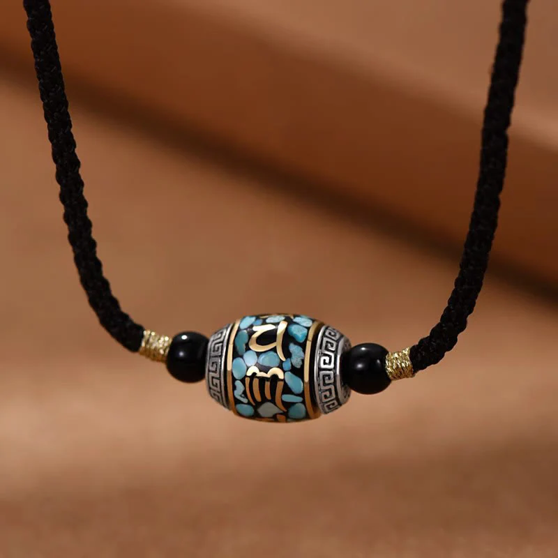 Buddha Stones Tibet Om Mani Padme Hum Dzi Bead Pattern Protection Rotatable Necklace Pendant
