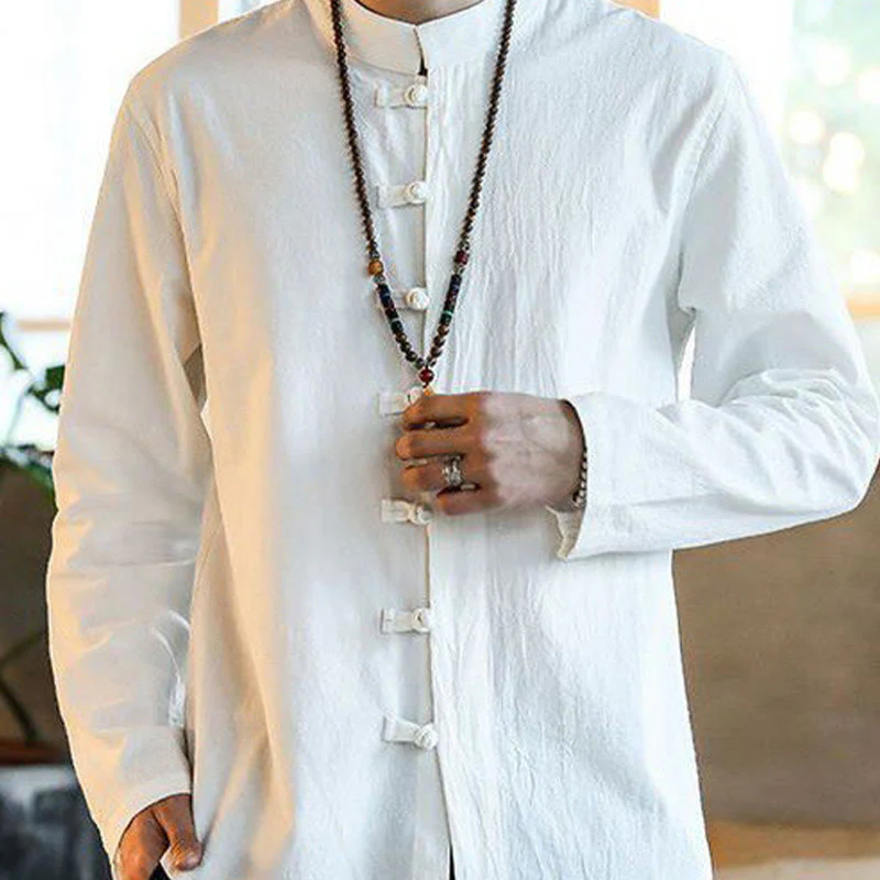 Buddha Stones Casual Stand Collar Frog-Button Long Sleeve Tang Suit Linen Men's Shirt