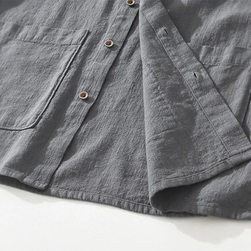 Buddha Stones Casual Buttons Design Stand Collar Men's Short Sleeve Cotton Linen Shirt With Pockets