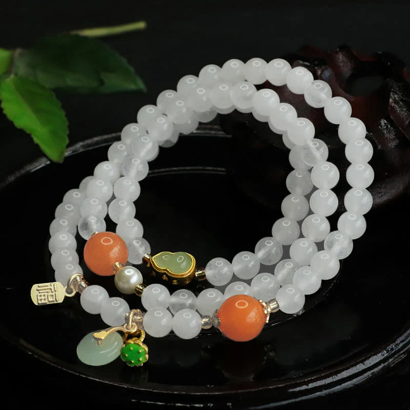 Buddha Stones Natural White Jade Multi-layer Gourd Peace Buckle Fu Character Luck Bracelet
