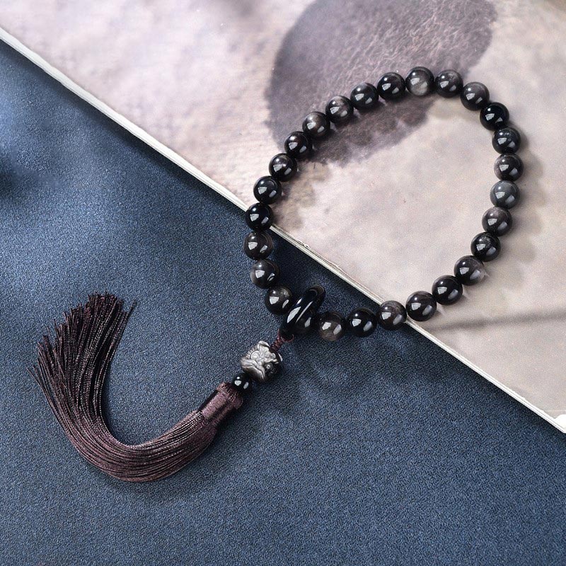 Buddha Stones Natural Silver Sheen Obsidian Lion Wrist Mala Protection Tassels Pocket Mala Car Decoration
