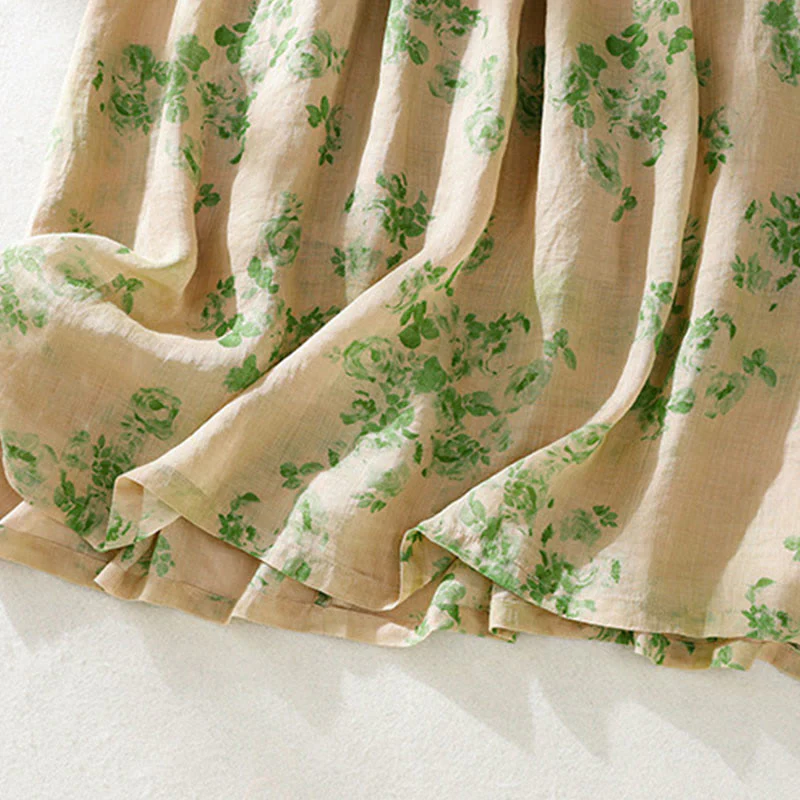 Buddha Stones Retro Printing Buttons Design Drawstring High Waist Cotton Midi Dress With Pockets