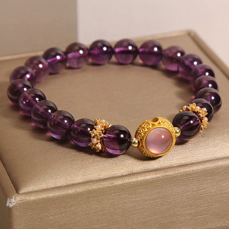 Buddha Stones Natural Amethyst Strawberry Quartz Beads Healing Bracelet