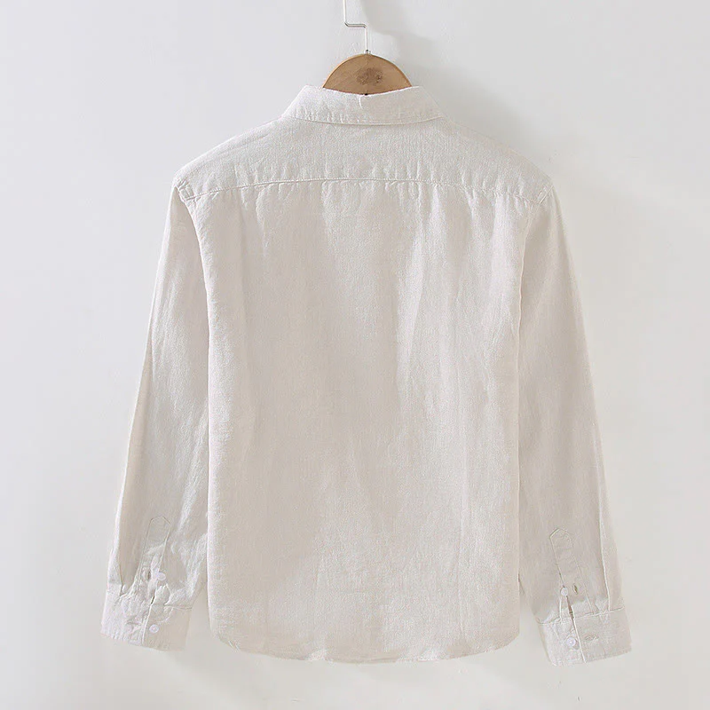 Buddha Stones Spring Men's Casual Pure Color Linen Long Sleeve Shirt With Pocket