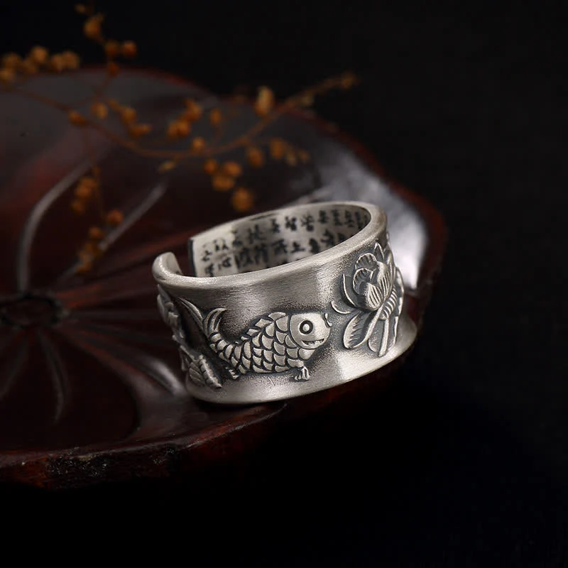 Buddha Stones 999 Sterling Silver Luck Koi Fish Lotus Heart Sutra Wealth Ring