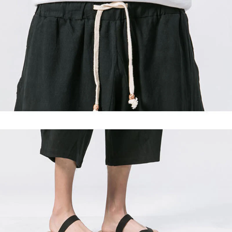 Buddha Stones Summer Casual Simple Plain Design 7-8 Length Men's Cotton Linen Drawstring Pants With Pockets