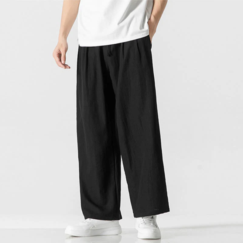 Buddha Stones Summer Casual Plain Straight Leg Design Men's Cotton Linen Drawstring Pants With Pockets