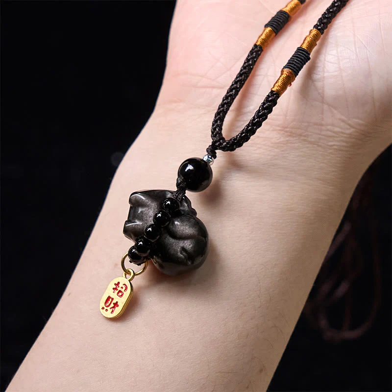 Buddha Stone Silver Sheen Obsidian Puppy Dog Fu Character Protection Necklace Phone Hanging Decoration