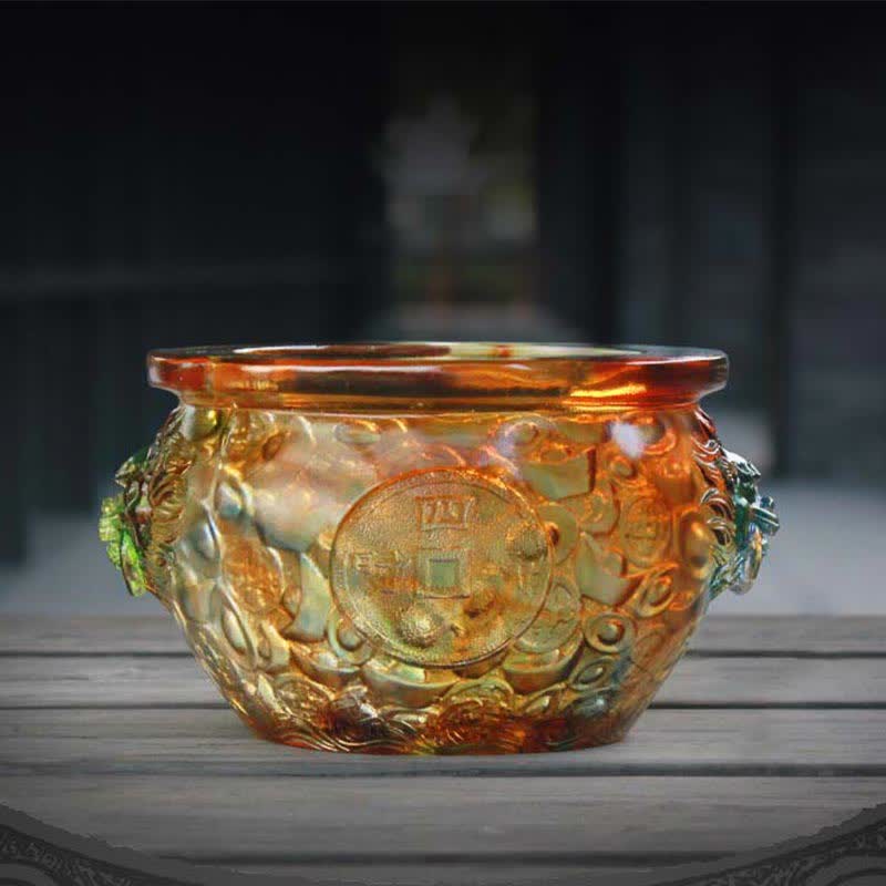 Buddha Stones Handmade Liuli Crystal Treasure Bowl Art Piece Home Decoration