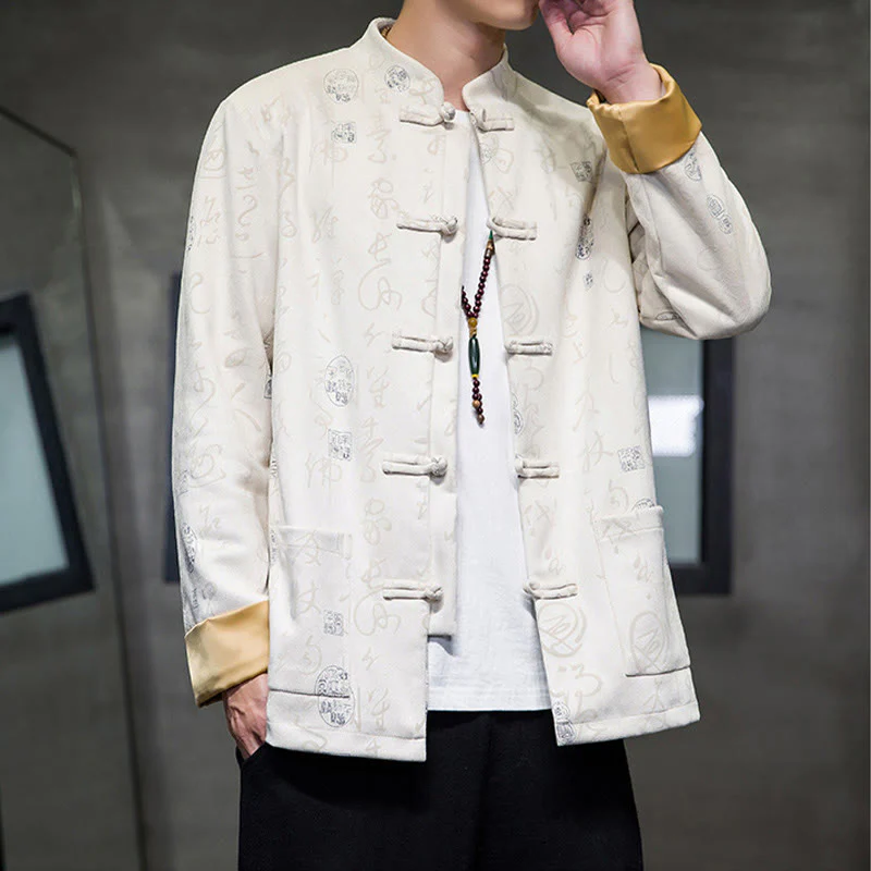 Buddha Stones Men's Frog-button Tang Suit Chinese Calligraphy Pattern Deerskin Polyester Jacket Shirt With Pockets