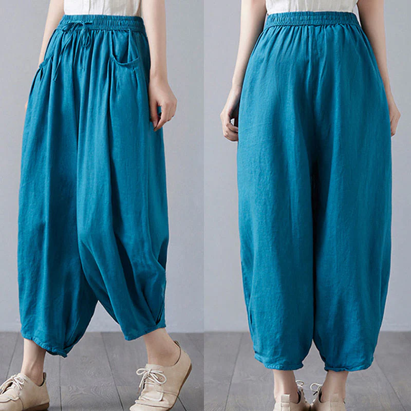 Buddha Stones Summer Plain Cropped Pants Women's Cotton Linen Harem Pants With Pockets