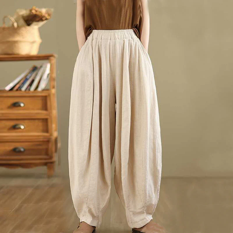 Buddha Stones Spring Casual Simple Design Women's Cotton Linen Harem Pants With Pockets