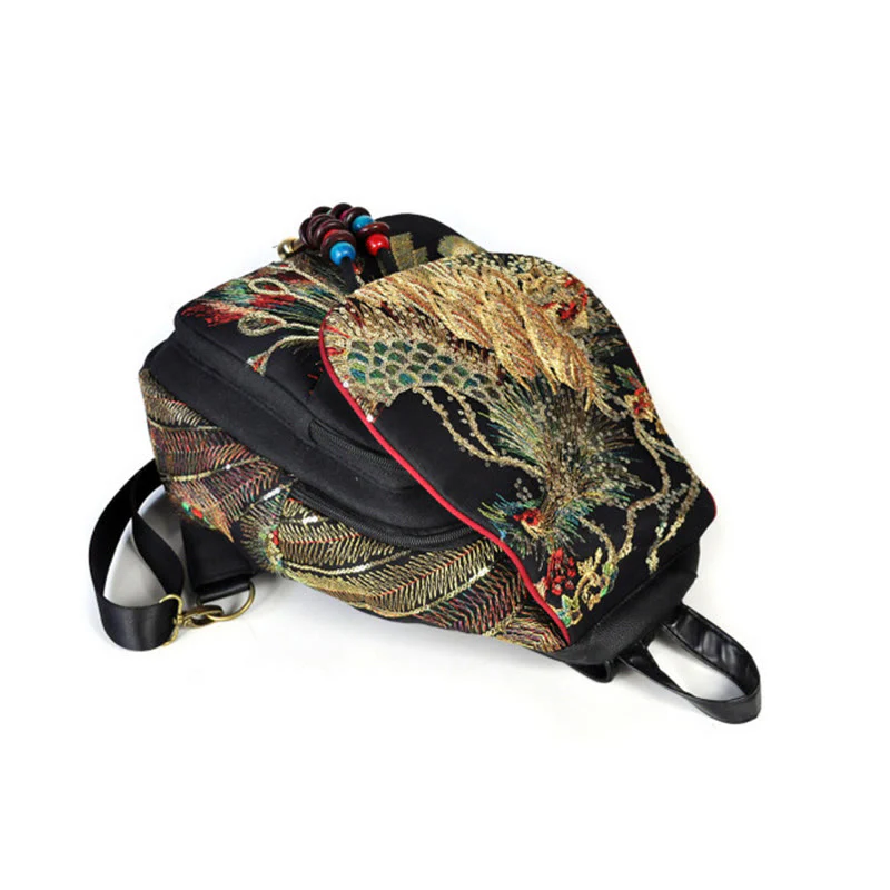 Buddha Stones Peacock Embroidery Canvas Tassel Backpack
