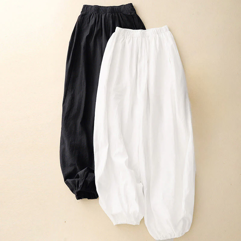 Buddha Stones Casual Simple Design Women's Cotton Harem Pants With Pockets