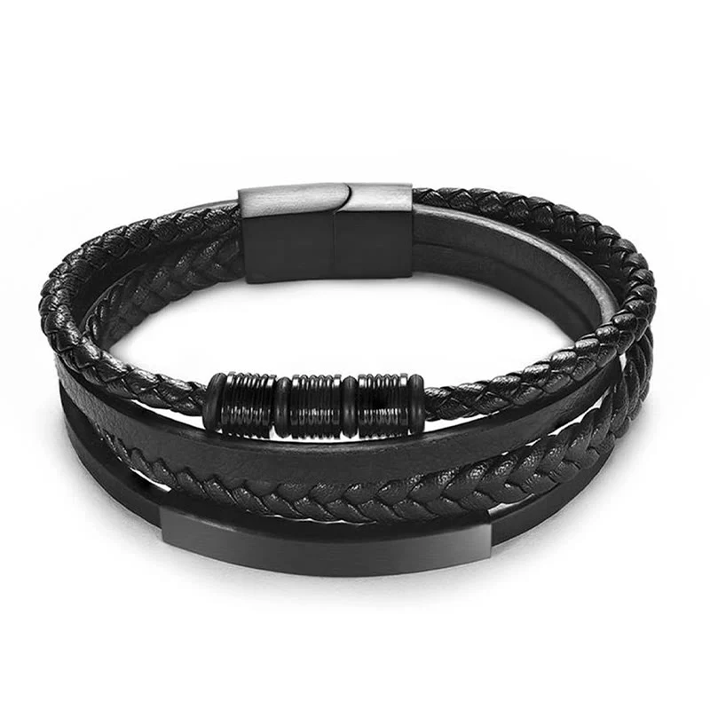 Buddha Stones Fashion Titanium Steel Leather Hand Woven Magnetic Buckle Strengthen Bracelet