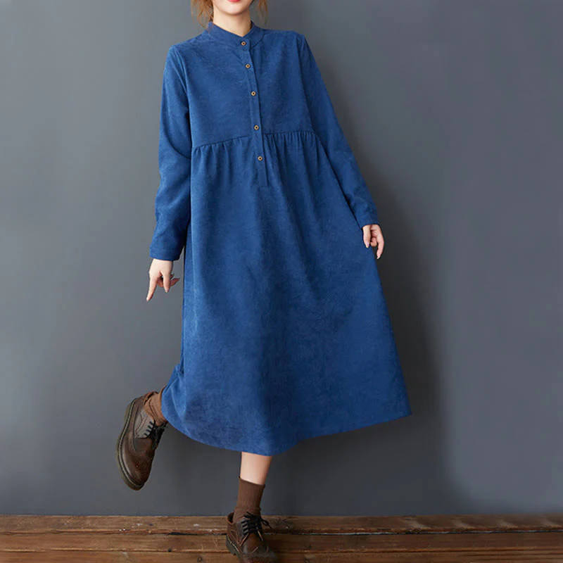 Buddha Stones Casual Plain Buttons Design Thermal Cotton Linen Midi Dress With Pockets