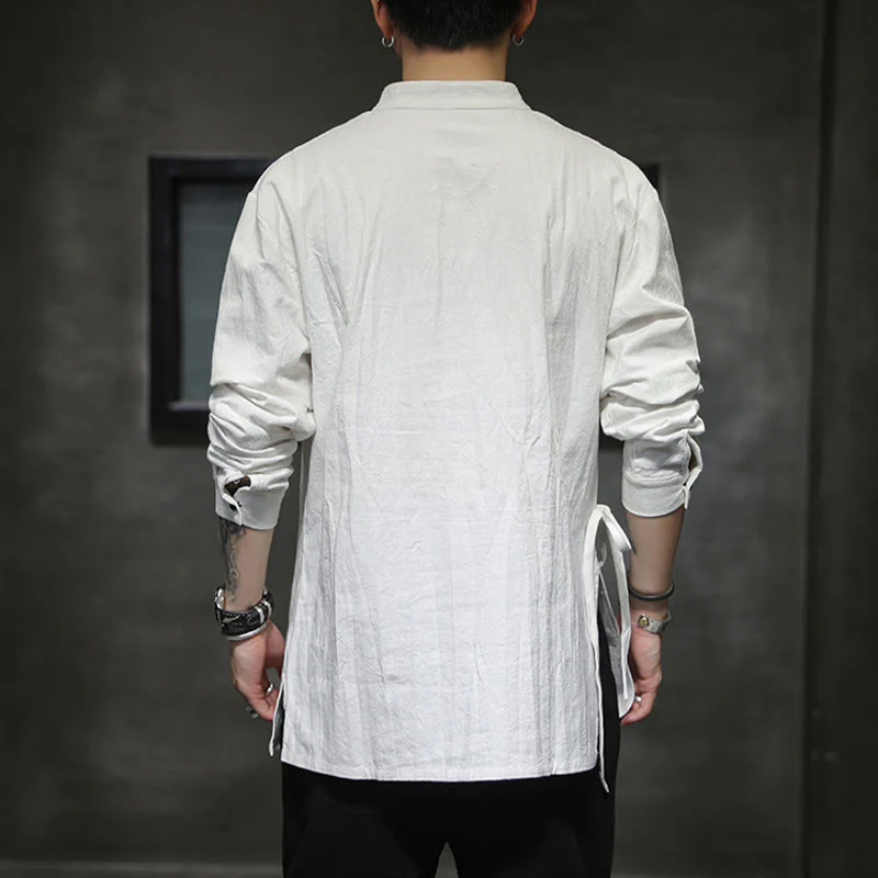 Buddha Stones Plain Lace-Up Simple Button Design Men's Long Sleeve Cotton Linen Shirt Clothing