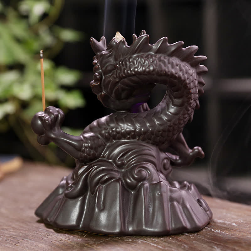 Buddha Stones Auspicious Dragon Ceramic Backflow Smoke Fountain Meditation Healing Incense Burner Led Ball Decoration